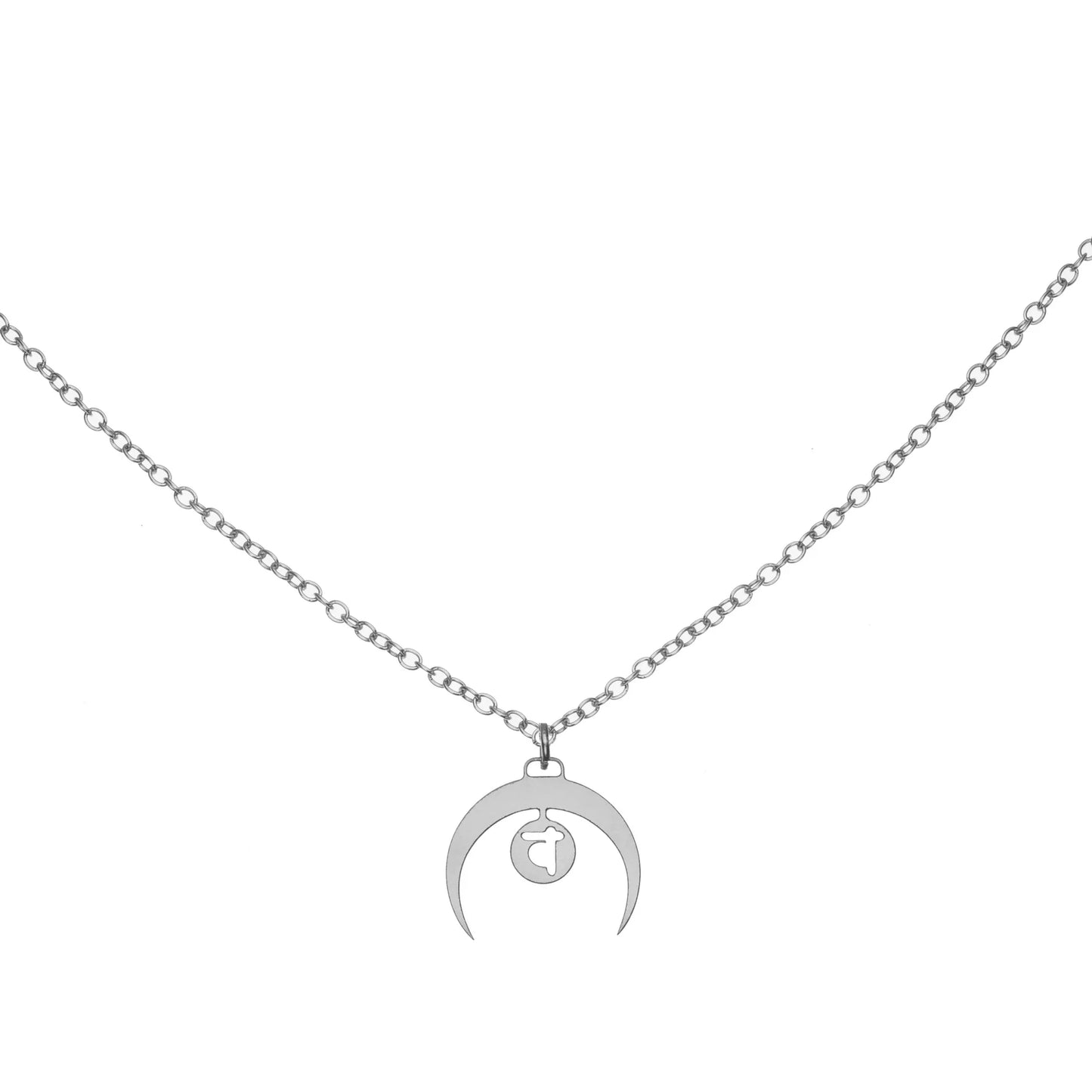 Silver necklace with crescent moon chakra pendant on white background