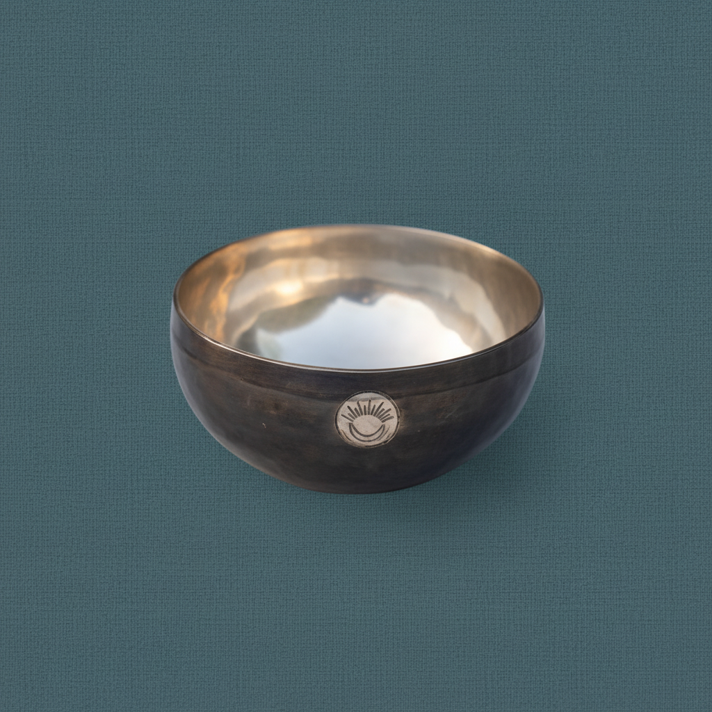 Close-up of a Sacral Chakra New Moon singing bowl with engraved sun and moon symbol on a muted teal background. — for Carpe Diem Dream