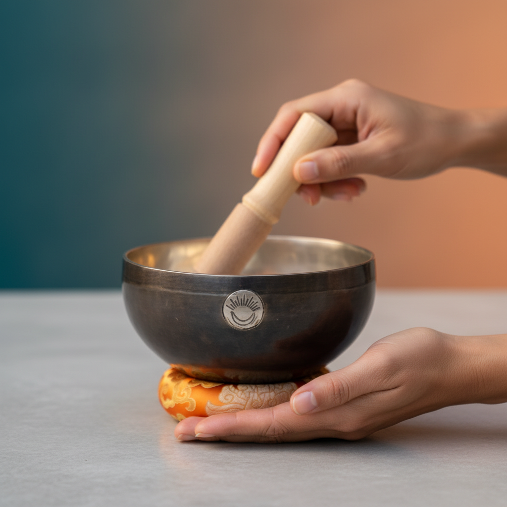 Hands holding and playing a Sacral Chakra New Moon singing bowl with a wooden striker while the bowl rests on an orange cushion. — for Carpe Diem Dream