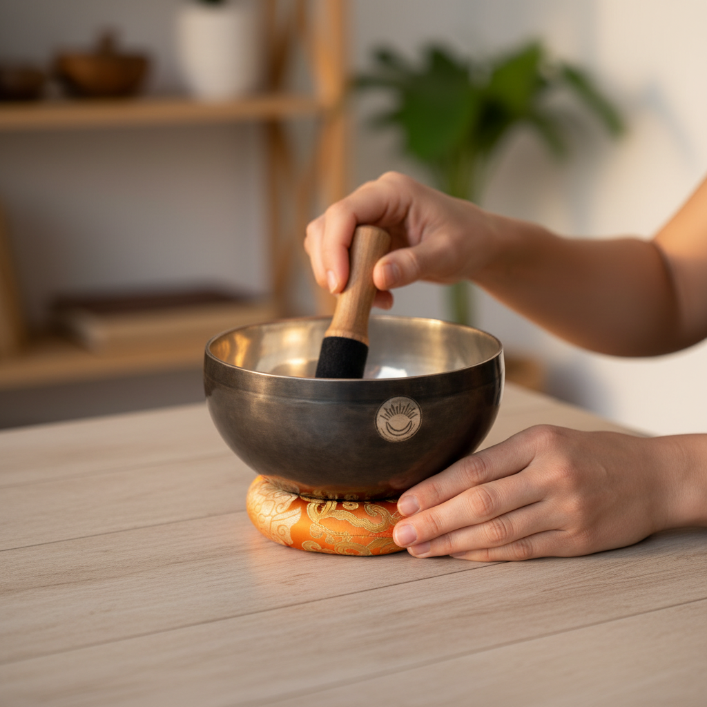 Hands playing a Sacral Chakra New Moon singing bowl with wooden striker while the bowl rests on an orange cushion on a wooden table. — for Carpe Diem Dream