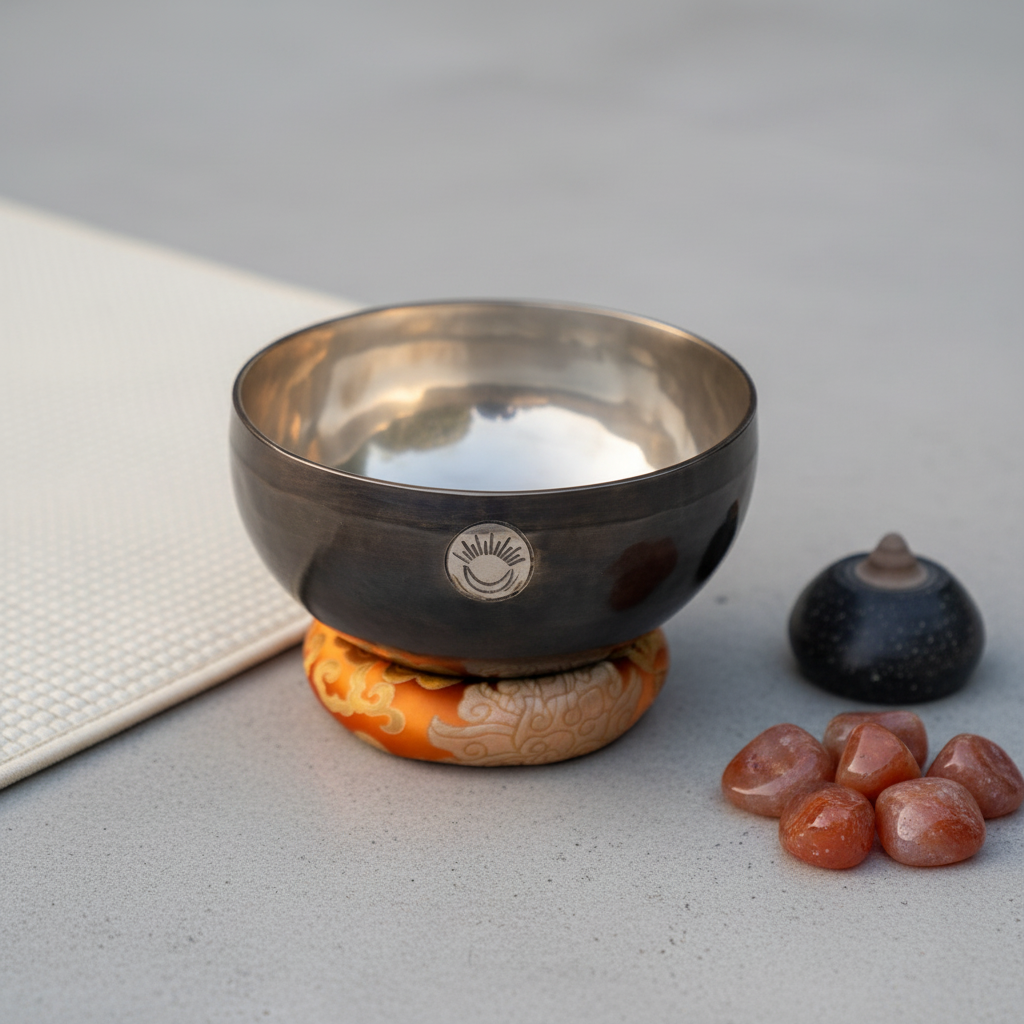Sacral Chakra New Moon singing bowl with engraved sun and moon symbol resting on an orange cushion beside meditation stones and incense holder on a calm neutral surface. — for Carpe Diem Dream