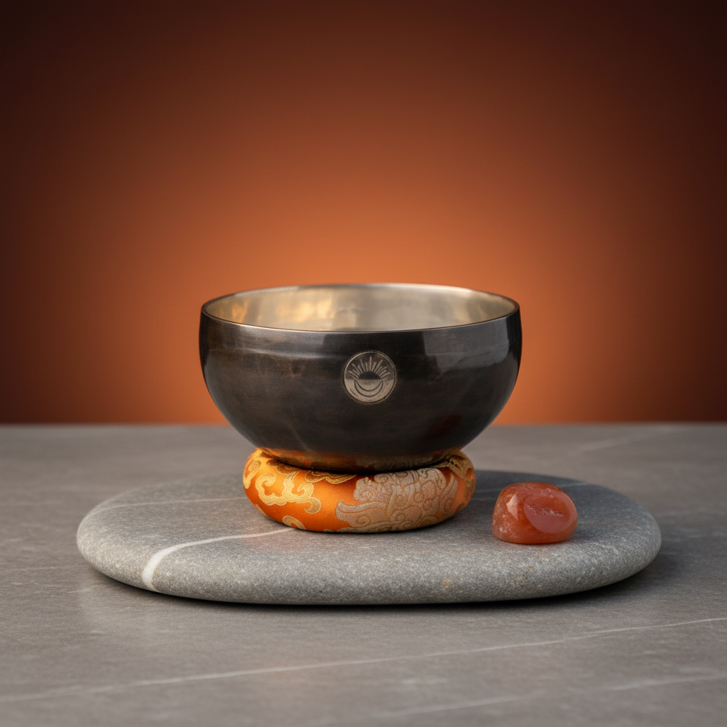 Sacral Chakra New Moon singing bowl with engraved sun and moon symbol resting on an orange cushion displayed on a stone platform with an orange gradient background. — for Carpe Diem Dream