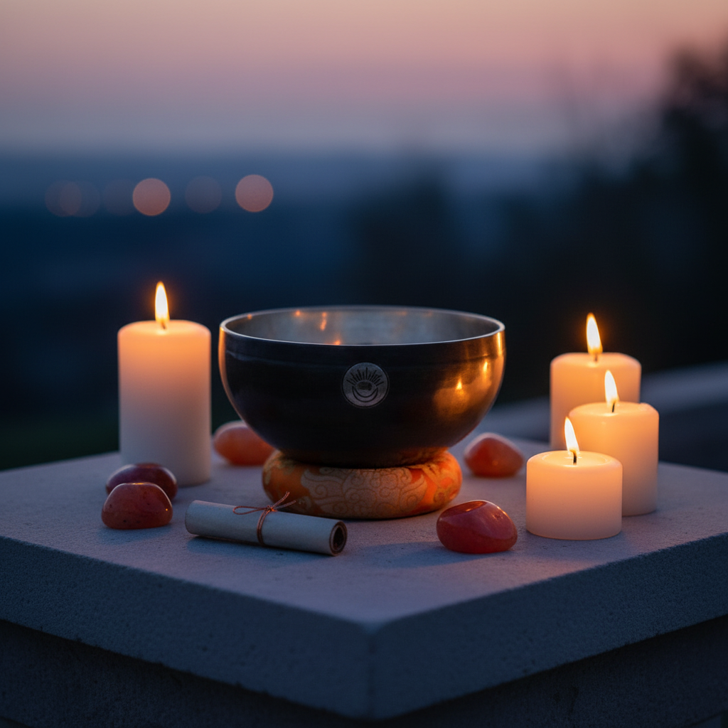 Sacral Chakra New Moon singing bowl with engraved sun and moon symbol resting on an orange cushion surrounded by candles and orange stones in a twilight ritual setting. — for Carpe Diem Dream