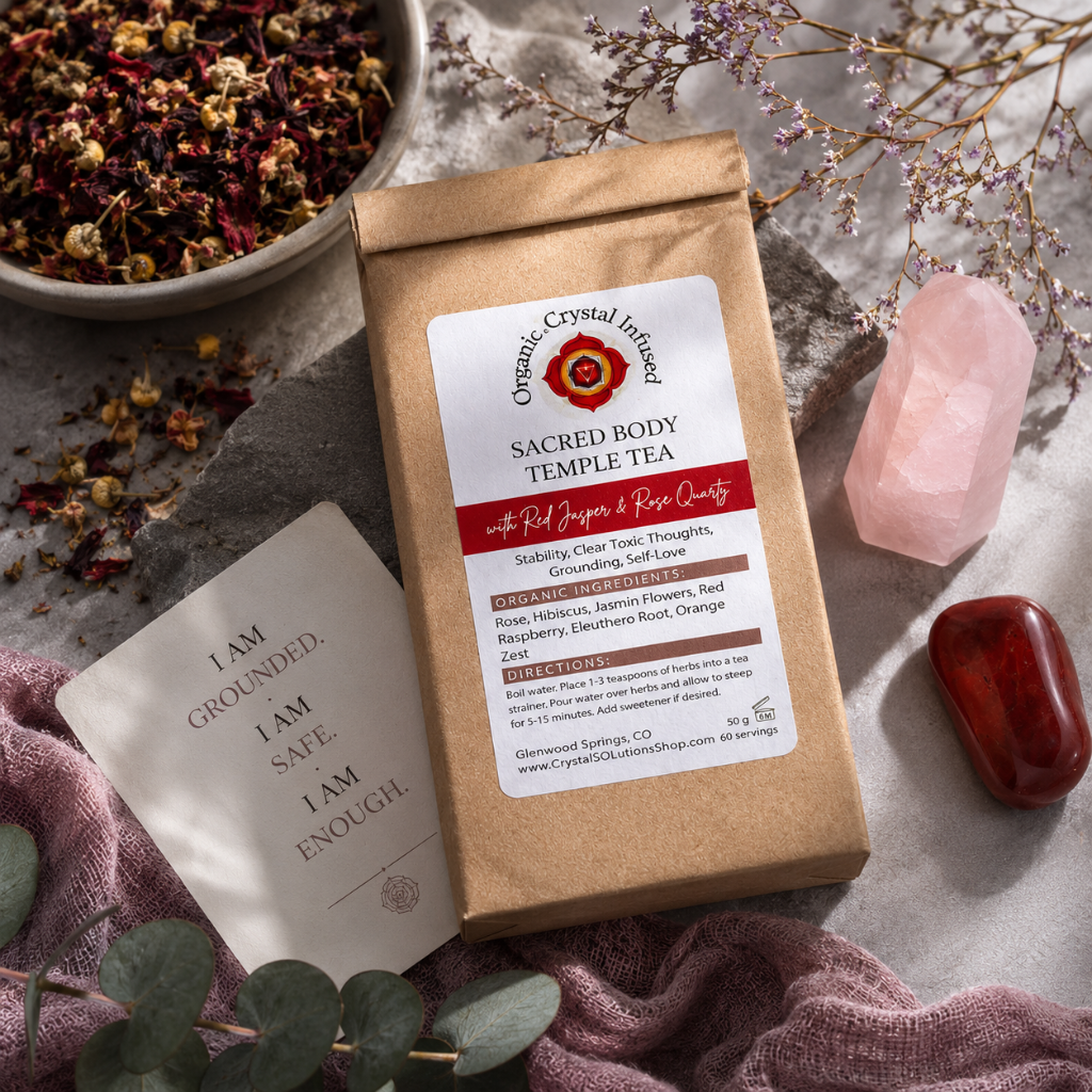 Sacred Body Temple Tea – Organic Crystal Infused styled in an artistic flat-lay composition with Rose Quartz and Red Jasper crystals, loose botanical tea blend, mauve textiles, eucalyptus accents, and an affirmation card representing grounding, self-love, embodiment, and emotional healing. — for Carpe Diem Dream
