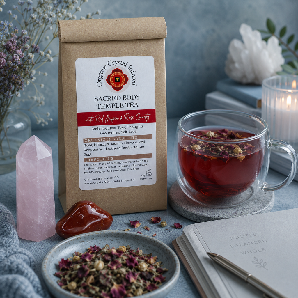 Sacred Body Temple Tea – Organic Crystal Infused displayed with a freshly brewed herbal tea, loose botanical blend, Red Jasper and Rose Quartz crystals, and cool-toned wellness styling that evokes grounding, self-love, emotional healing, and connection to the present moment. — for Carpe Diem Dream