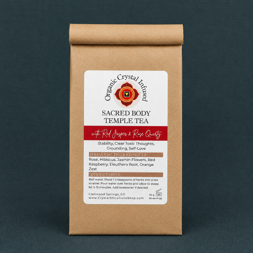 Sacred Body Temple Tea – Organic Crystal Infused 50g loose-leaf herbal tea with Red Jasper and Rose Quartz crystal energy, displayed as a standalone kraft paper package on a #374F59 textured linen backdrop with cool-toned diffused lighting and soft studio shadows. — for Carpe Diem Dream