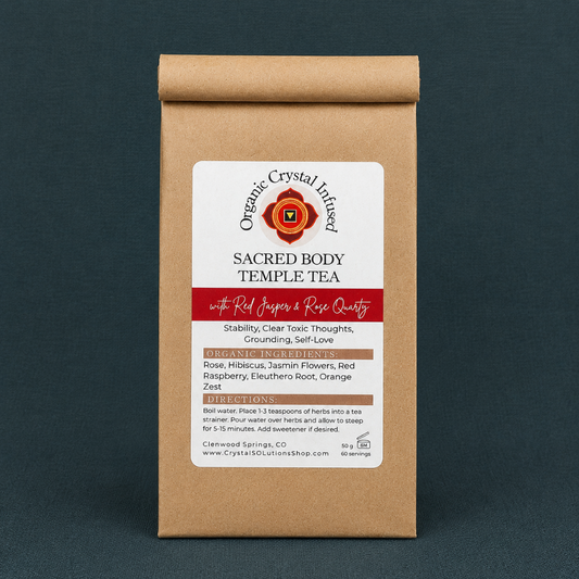 Sacred Body Temple Tea – Organic Crystal Infused 50g loose-leaf herbal tea with Red Jasper and Rose Quartz crystal energy, displayed as a standalone kraft paper package on a #374F59 textured linen backdrop with cool-toned diffused lighting and soft studio shadows. — for Carpe Diem Dream