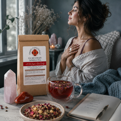Sacred Body Temple Tea – Organic Crystal Infused displayed with a brewed herbal tea, Red Jasper and Rose Quartz crystals, a reflective journal, and a peaceful self-care ritual scene that conveys grounding, embodiment, emotional healing, self-love, and connection to the present moment. — for Carpe Diem Dream