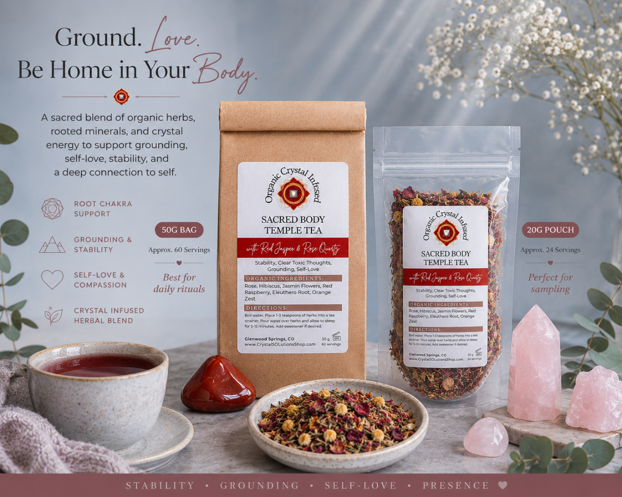 Sacred Body Temple Tea – Organic Crystal Infused shown in both available sizes with Red Jasper and Rose Quartz crystals, brewed herbal tea, loose botanical blend, and educational size comparison details highlighting grounding, stability, self-love, and Root Chakra support in a cool-toned wellness scene. — for Carpe Diem Dream