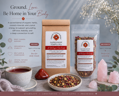 Sacred Body Temple Tea – Organic Crystal Infused shown in both available sizes with Red Jasper and Rose Quartz crystals, brewed herbal tea, loose botanical blend, and educational size comparison details highlighting grounding, stability, self-love, and Root Chakra support in a cool-toned wellness scene. — for Carpe Diem Dream
