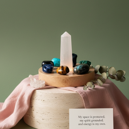 Crystal protection lamp styled on travertine with pink silk, eucalyptus sprig, and affirmation card against a muted sage backdrop — for Carpe Diem Dream