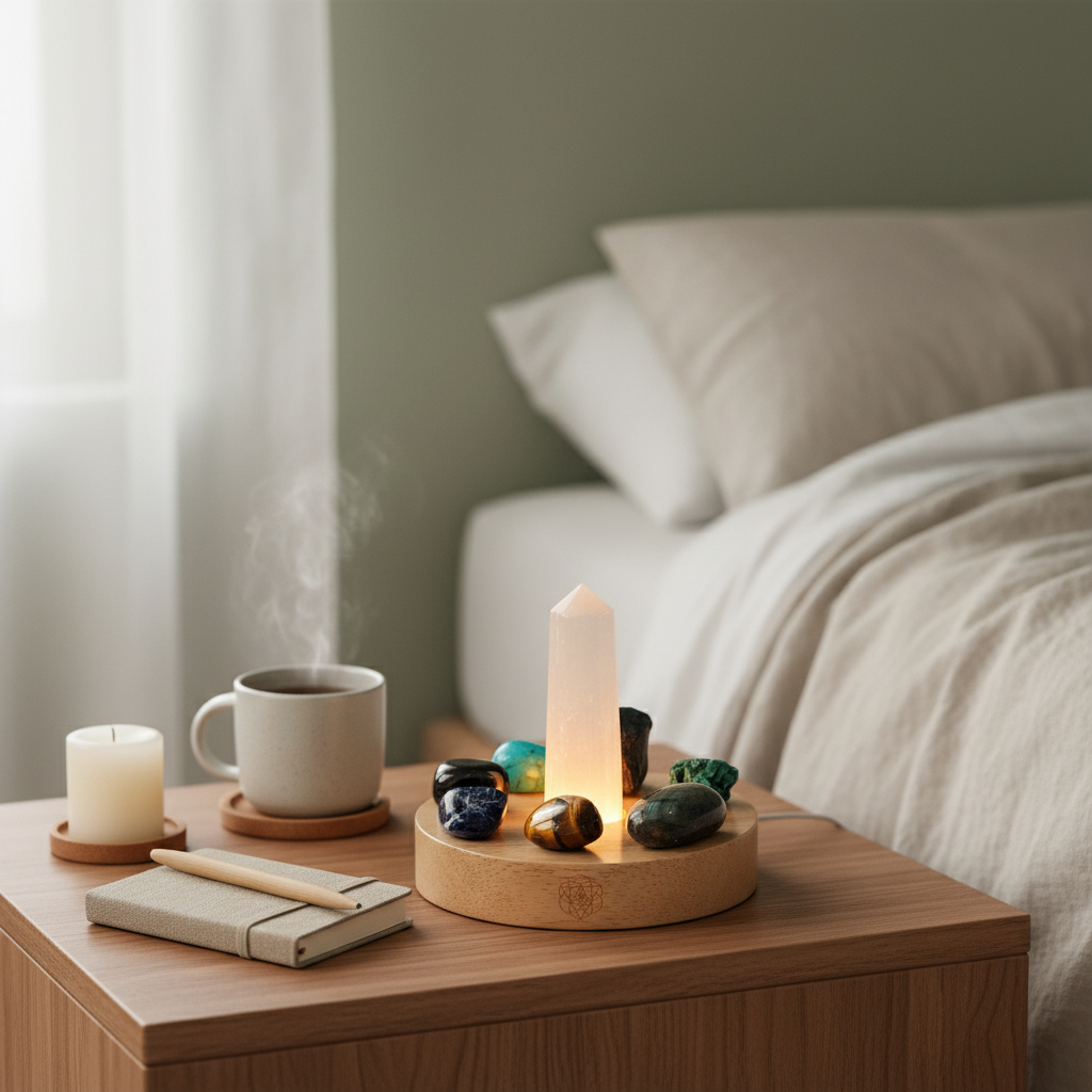 Crystal protection lamp displayed on a bedside nightstand with journal, candle, and steaming mug beside layered bedding in soft natural light — for Carpe Diem Dream