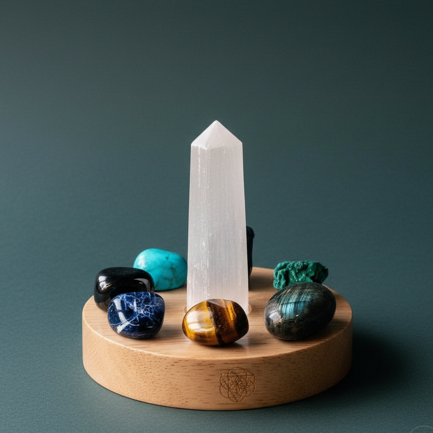 Crystal protection lamp with selenite tower and seven tumbled stones on a wooden mandala base against a muted teal backdrop — for Carpe Diem Dream