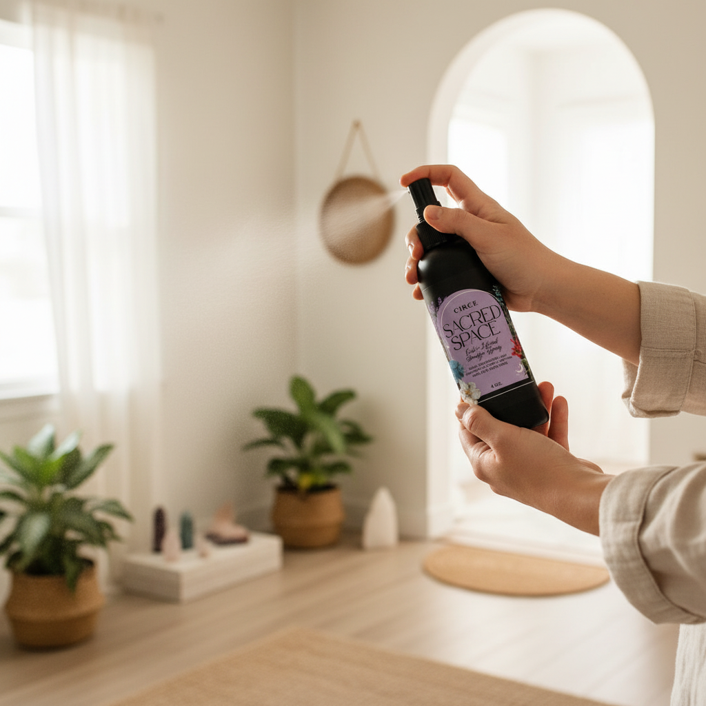 Hands holding and spraying Sacred Space Smudge Spray in a bright home sanctuary with plants and natural light. — for Carpe Diem Dream