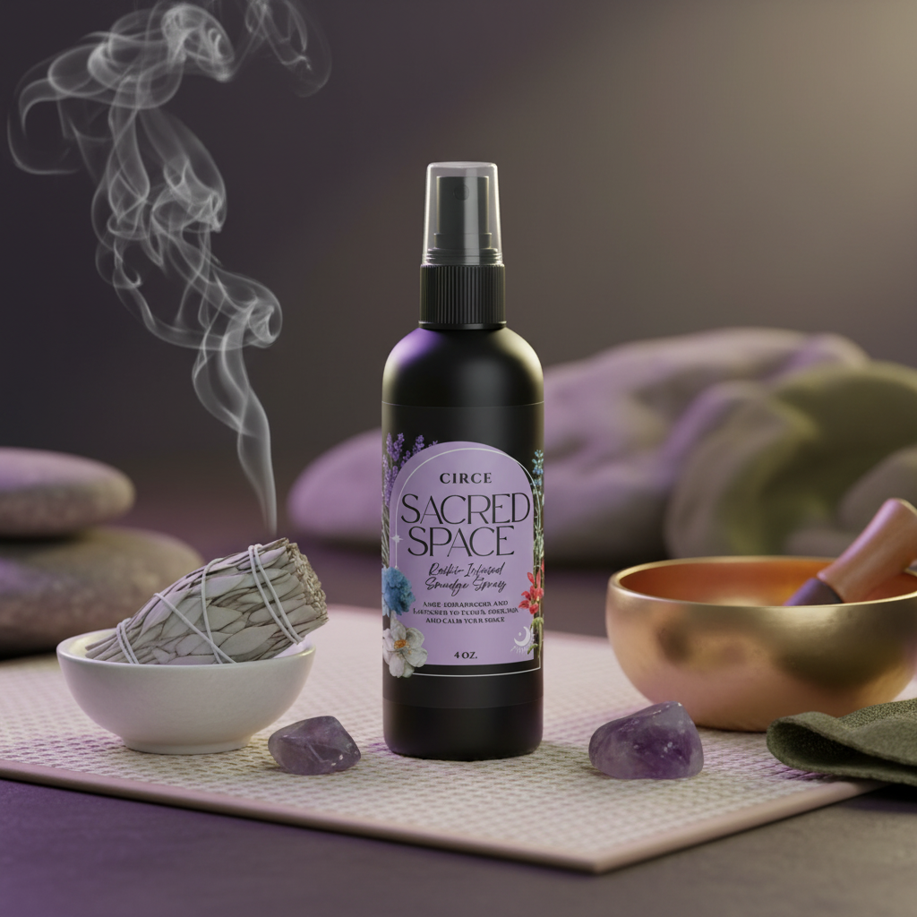 Sacred Space Smudge Spray bottle displayed with sage bundle, singing bowl, and crystals in a calm meditation ritual setting. — for Carpe Diem Dream