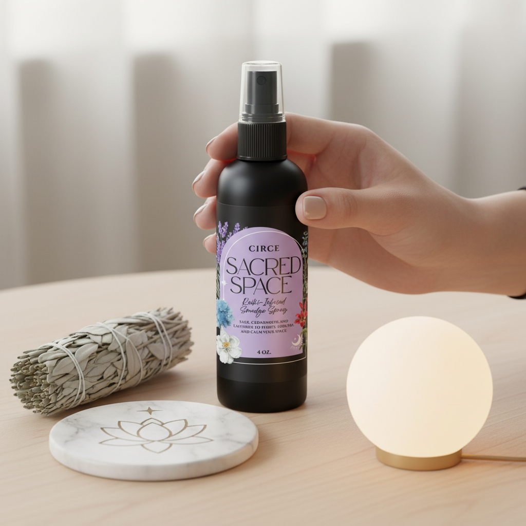 Hand holding Sacred Space Smudge Spray bottle beside a sage bundle, lotus coaster, and soft glowing lamp on a wooden surface. — for Carpe Diem Dream