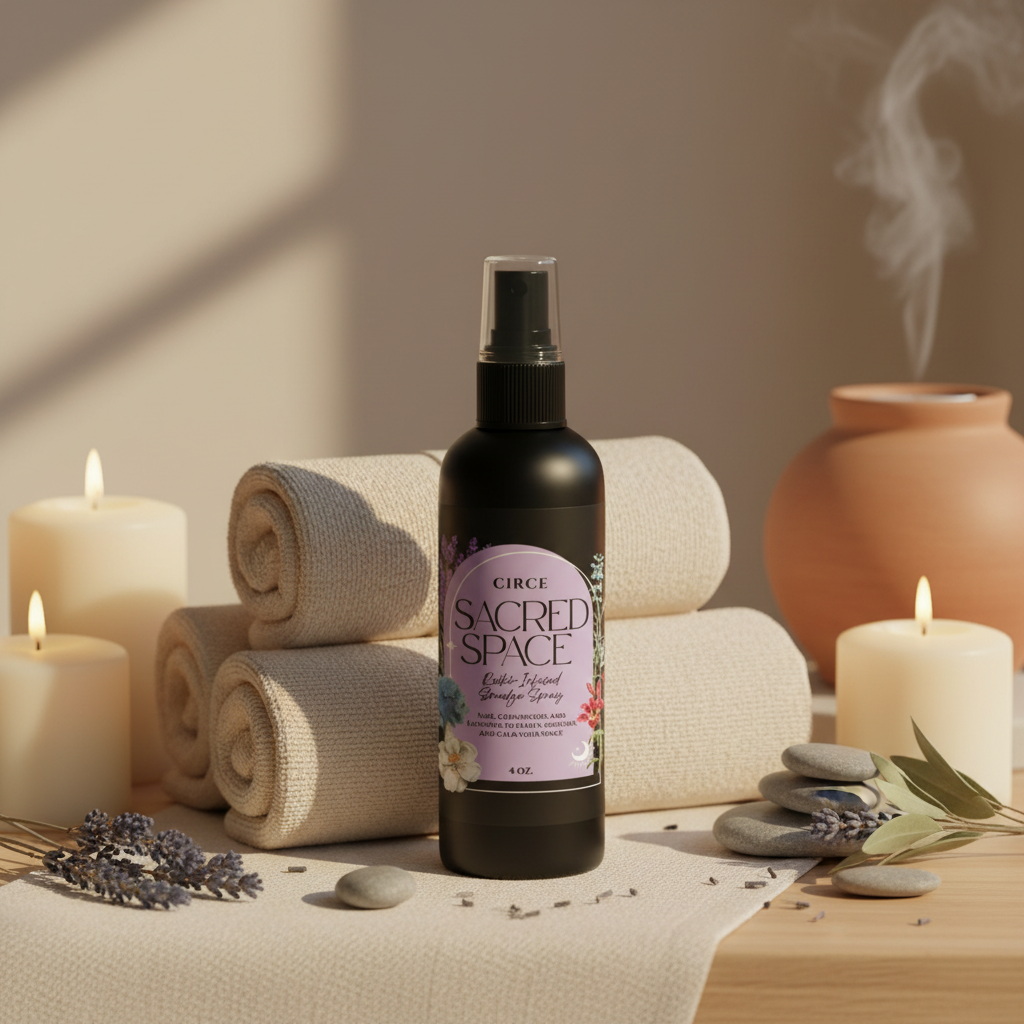 Sacred Space Smudge Spray bottle displayed with rolled spa towels, candles, stones, and lavender in a calming wellness setting. — for Carpe Diem Dream
