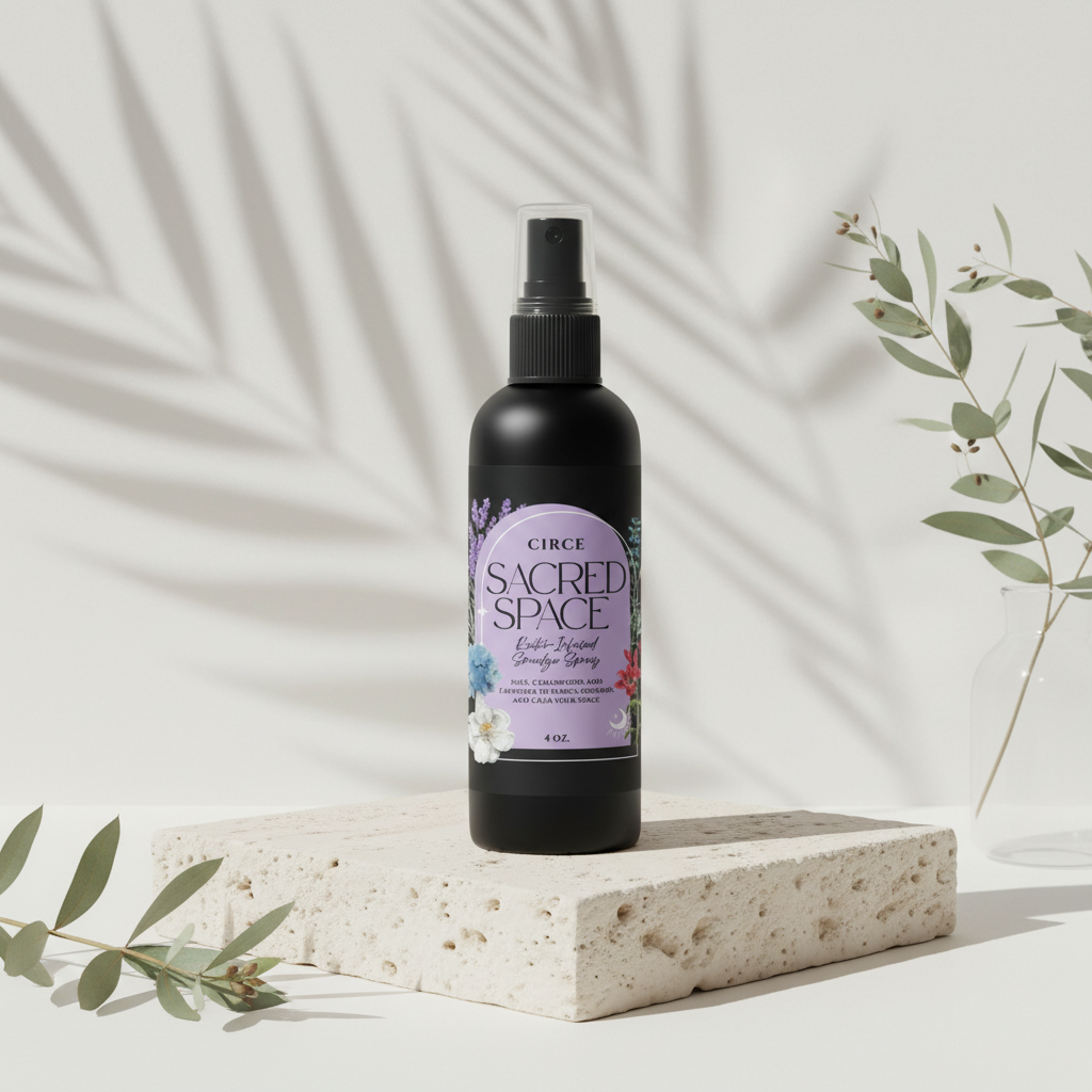 Sacred Space Smudge Spray bottle displayed on a travertine pedestal with soft botanical shadows and greenery on a neutral background. — for Carpe Diem Dream