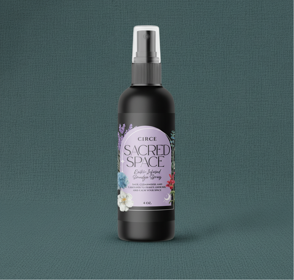Sacred Space Smudge Spray bottle with lavender label displayed upright on a muted teal linen background with soft natural lighting. — for Carpe Diem Dream