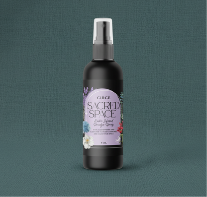 Sacred Space Smudge Spray bottle with lavender label displayed upright on a muted teal linen background with soft natural lighting. — for Carpe Diem Dream