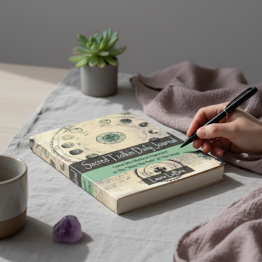 Sacred Tzolk'in Daily Planner being used for journaling and planning with a pen, amethyst crystal, and soft mauve textiles reflecting a Mayan-inspired spiritual practice. — for Carpe Diem Dream