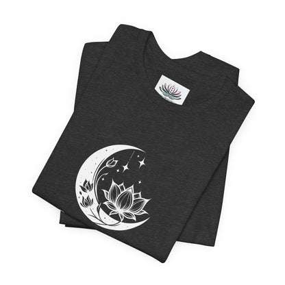 Sagittarius Moon I Cherish Space zodiac T-shirt in Dark Grey Heather with white moon-inspired lotus, floral, and celestial artwork, shown folded in a supplier mockup. — for Carpe Diem Dream