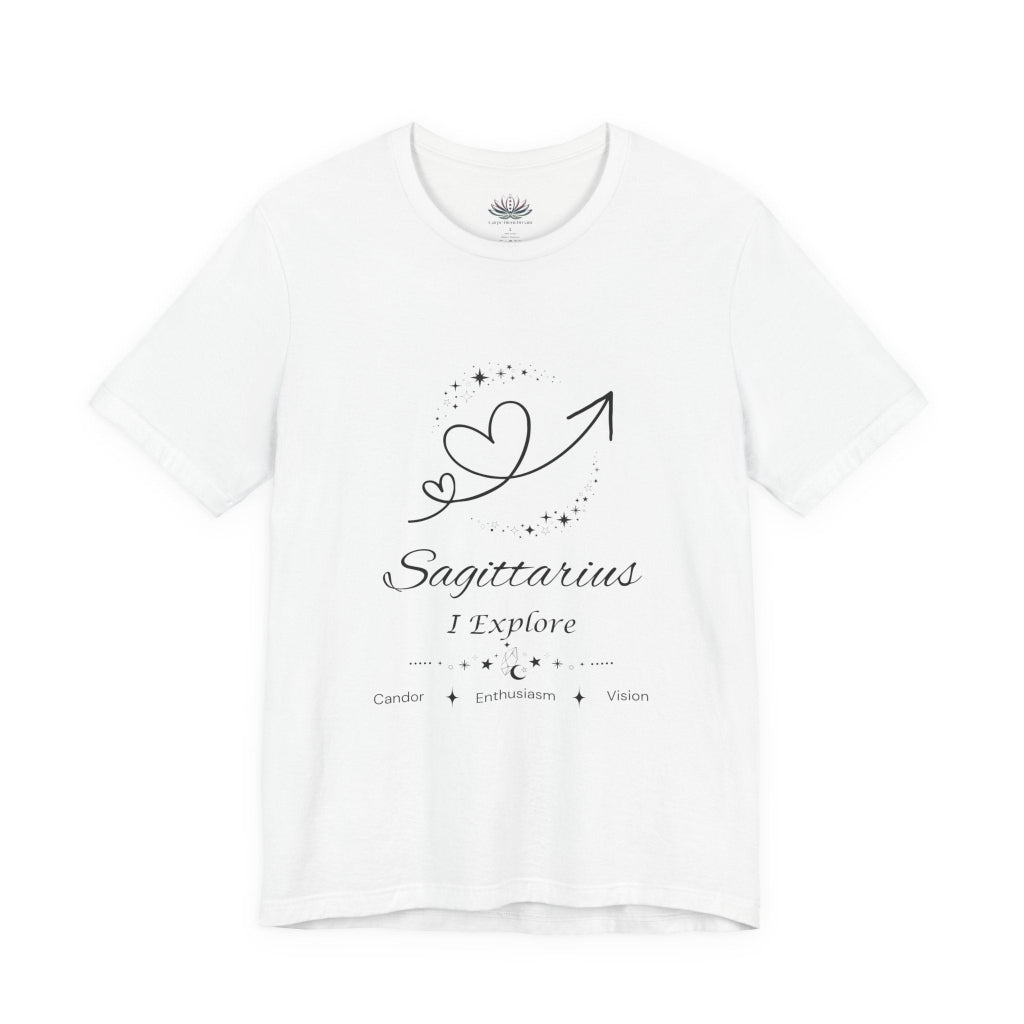 White Sagittarius Rising I Explore zodiac T-shirt with black celestial heart and arrow artwork, shown in a flat supplier mockup. — for Carpe Diem Dream