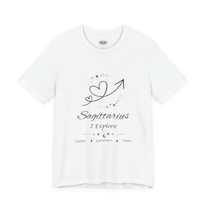 White Sagittarius Rising I Explore zodiac T-shirt with black celestial heart and arrow artwork, shown in a flat supplier mockup. — for Carpe Diem Dream