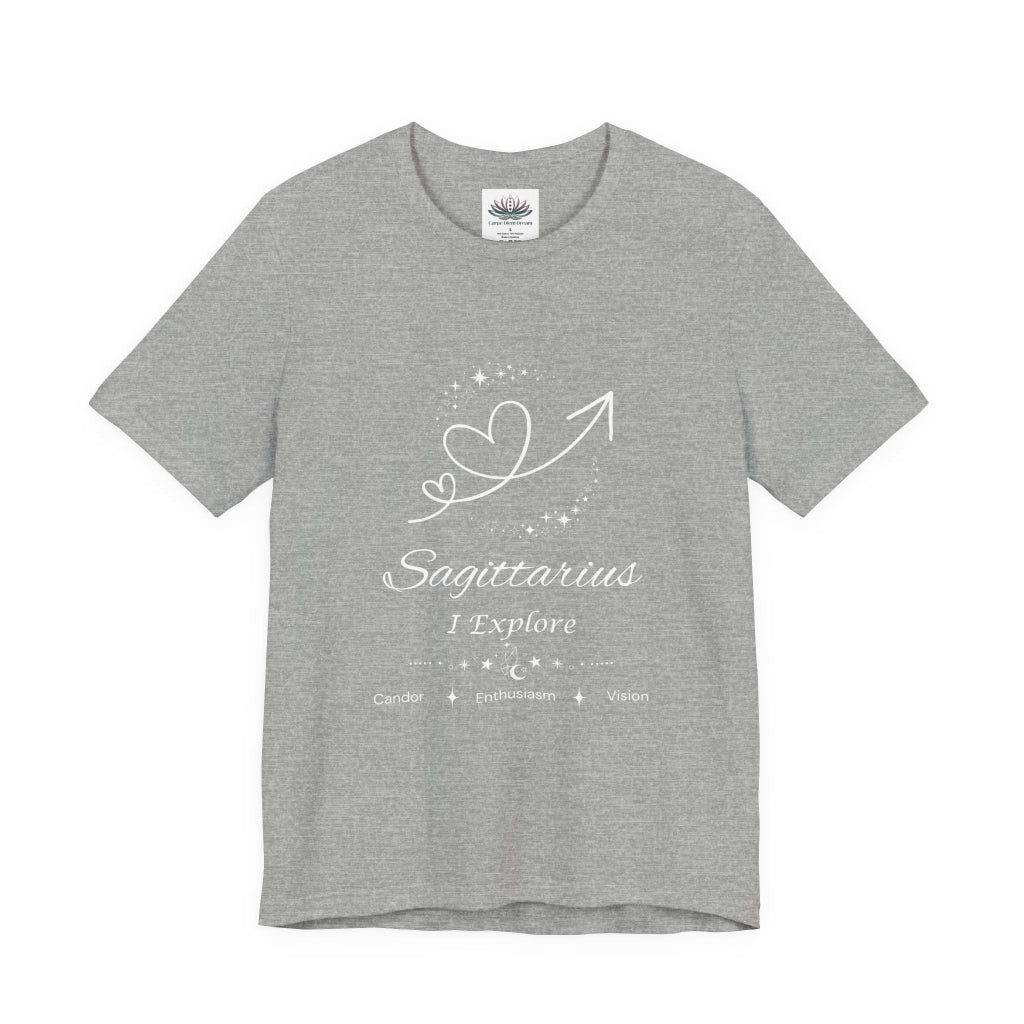 Athletic Heather Sagittarius Rising I Explore zodiac T-shirt with white celestial heart and arrow artwork, shown in a flat supplier mockup. — for Carpe Diem Dream