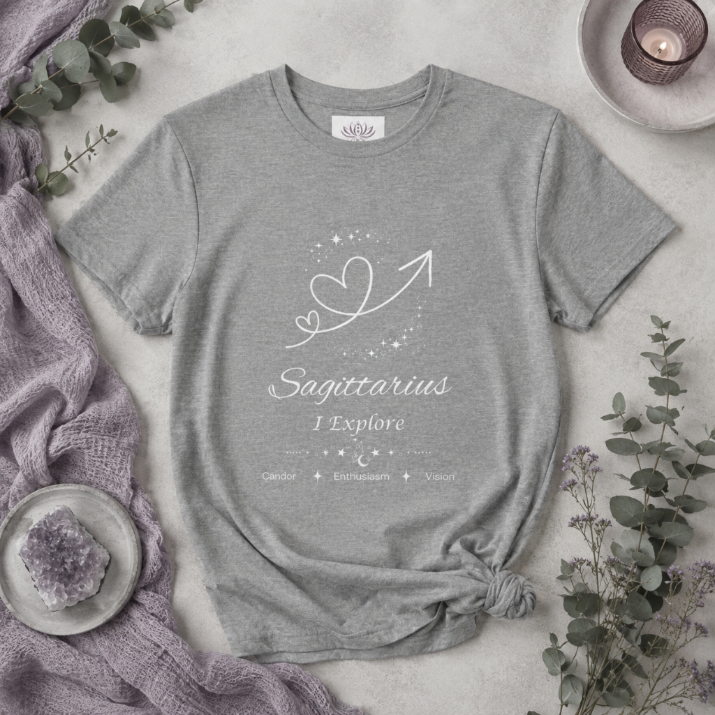 Sagittarius Rising I Explore zodiac T-shirt in Athletic Heather with white celestial heart and arrow artwork and Candor, Enthusiasm, Vision text, styled in a cool-toned studio botanical flat lay. — for Carpe Diem Dream