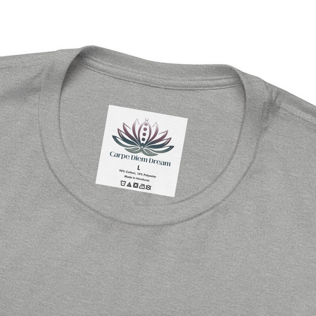 Close-up of the custom Carpe Diem Dream inner neck label on the Sagittarius Rising I Explore Bella+Canvas zodiac T-shirt. — for Carpe Diem Dream