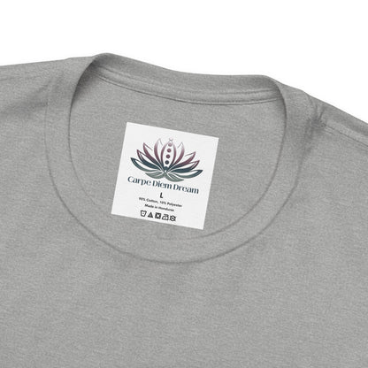 Close-up of the custom Carpe Diem Dream inner neck label on the Sagittarius Rising I Explore Bella+Canvas zodiac T-shirt. — for Carpe Diem Dream
