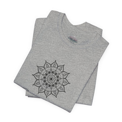 Sagittarius Sun I See zodiac T-shirt in athletic heather with black sun-inspired mandala artwork, shown folded with Carpe Diem Dream neck label in a supplier mockup. — for Carpe Diem Dream