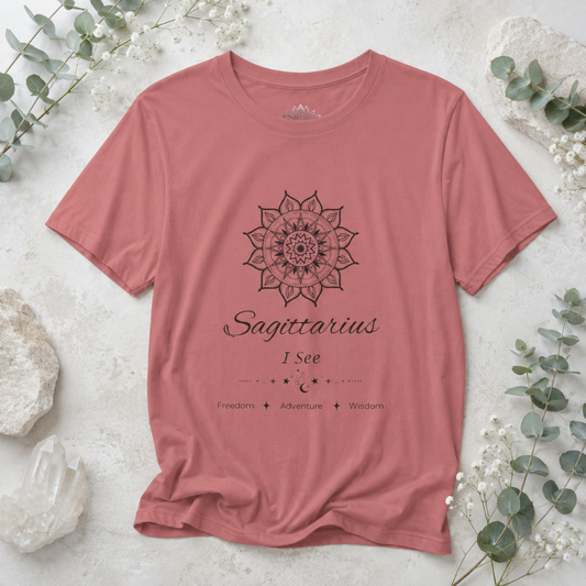 Sagittarius Sun I See zodiac t-shirt in mauve with black mandala-inspired artwork and Freedom, Adventure, Wisdom text, styled in a cool-toned studio botanical flat lay — for Carpe Diem Dream