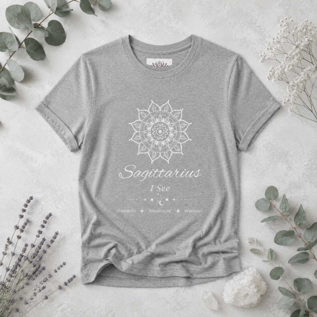 Sagittarius Sun I See zodiac T-shirt in athletic heather with white sun-inspired mandala artwork and Freedom, Adventure, Wisdom text, styled in a cool-toned studio botanical flat lay. — for Carpe Diem Dream