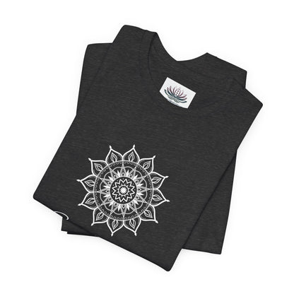 Sagittarius Sun I See zodiac T-shirt in dark gray heather with white sun-inspired mandala artwork, shown folded with Carpe Diem Dream neck label in a supplier mockup. — for Carpe Diem Dream