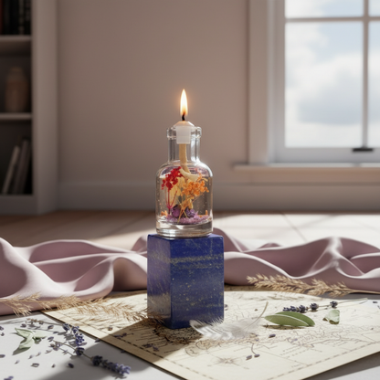A Sagittarius zodiac oil candle with warm orange botanicals in a clear glass vessel is elevated on a stone pedestal over a map with scattered botanicals and soft draped fabric in a sunlit creative setting. — for Carpe Diem Dream