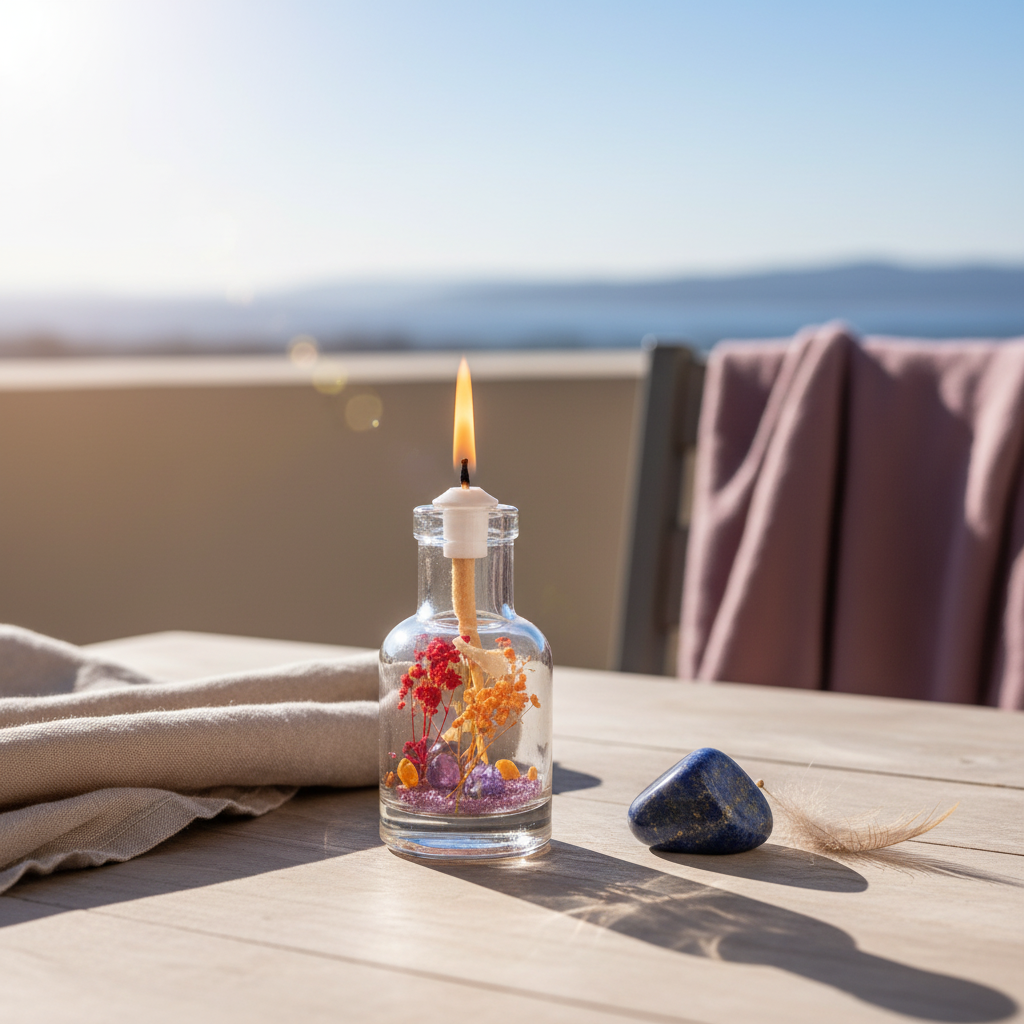 A Sagittarius zodiac oil candle with warm orange botanicals in a clear glass vessel burns on a sunlit outdoor table with soft fabric and natural elements in the background. — for Carpe Diem Dream
