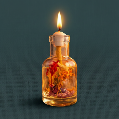 A Sagittarius zodiac oil candle with warm orange botanicals in a clear glass vessel burns with a steady flame against a deep teal textured background. — for Carpe Diem Dream