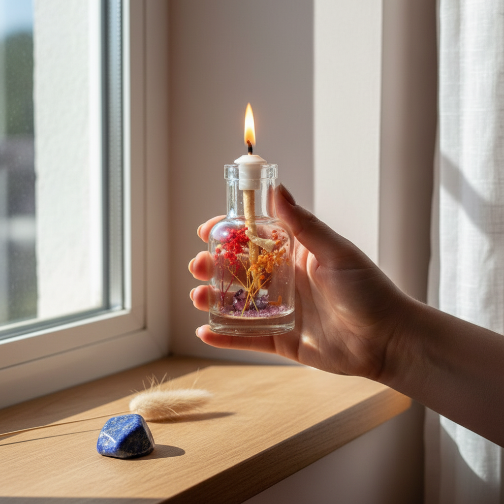 A hand holds a Sagittarius zodiac oil candle with warm orange botanicals in a clear glass vessel beside a window, showing size and scale. — for Carpe Diem Dream