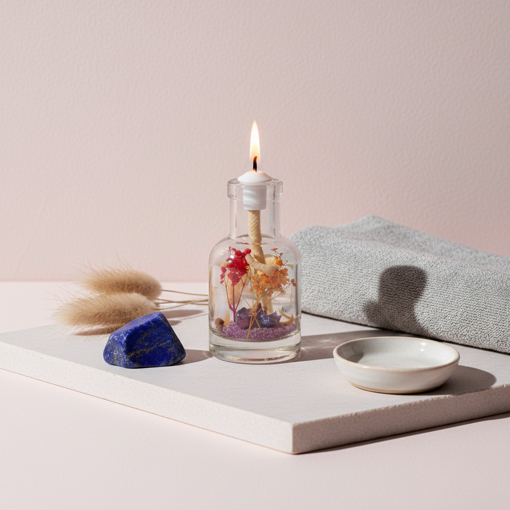 A Sagittarius zodiac oil candle with warm orange botanicals in a clear glass vessel is styled on a soft spa surface with a folded towel, ceramic dish, and natural elements in gentle light. — for Carpe Diem Dream