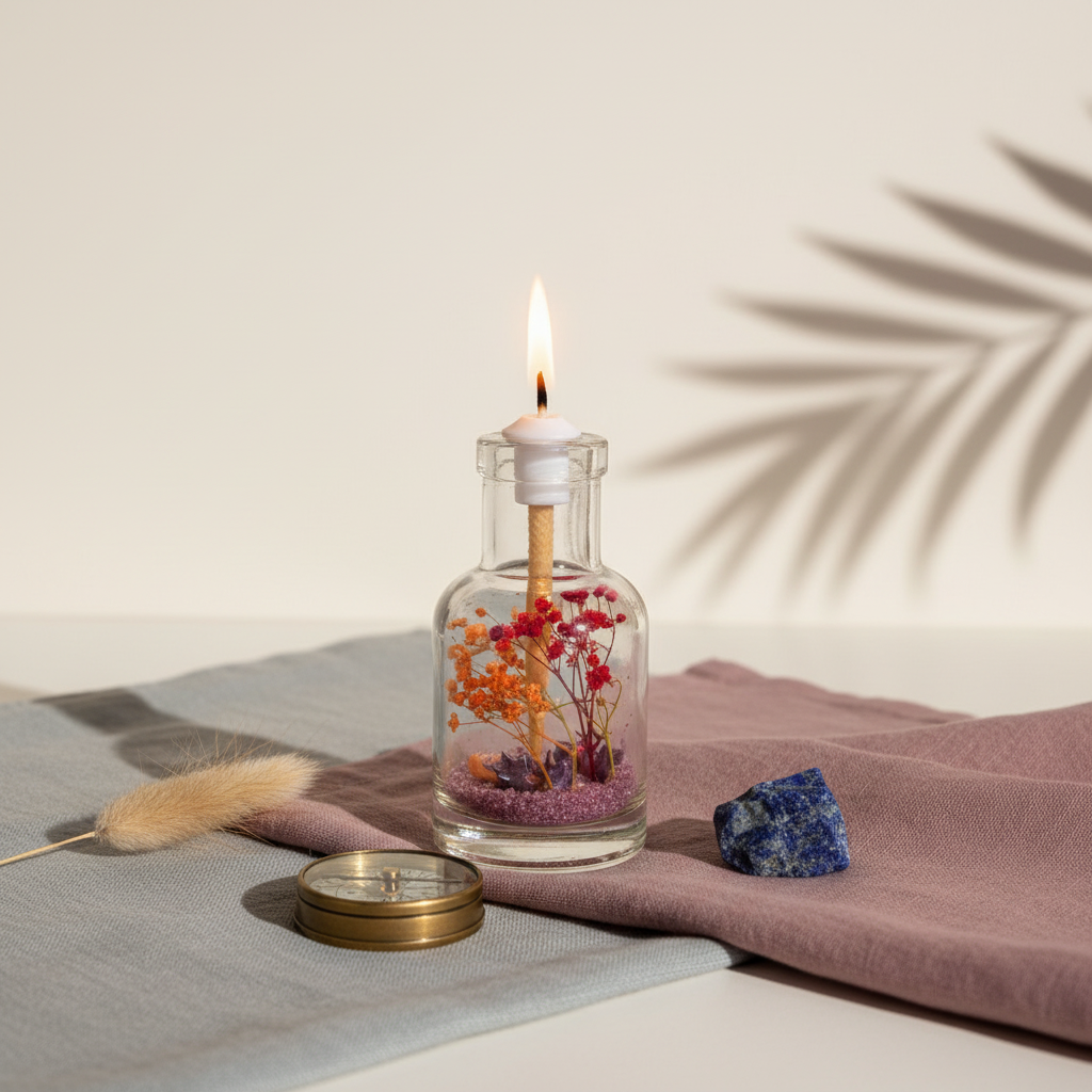 A Sagittarius zodiac oil candle with warm orange botanicals in a clear glass vessel is styled on neutral linen with natural elements and soft botanical shadows. — for Carpe Diem Dream