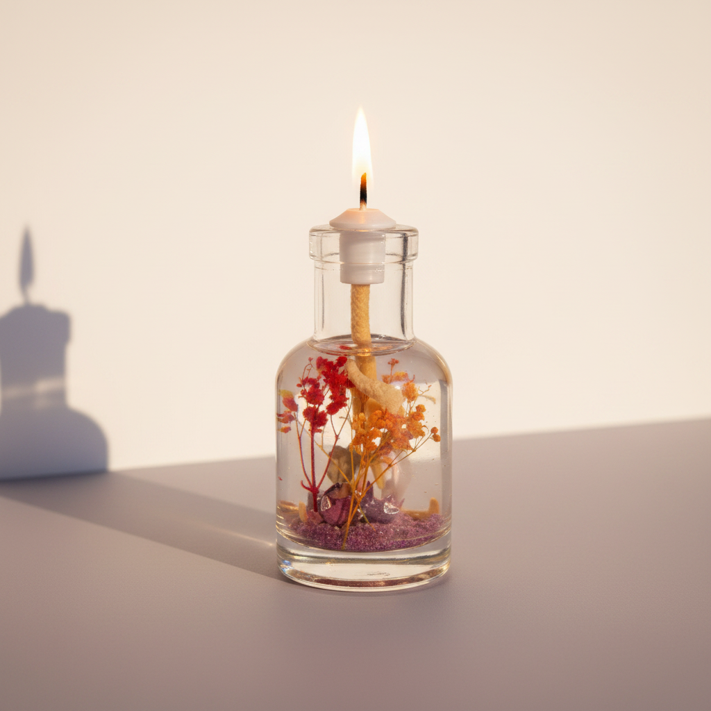 A Sagittarius zodiac oil candle with warm orange botanicals in a clear glass vessel burns with a soft flame against a warm neutral beige background. — for Carpe Diem Dream