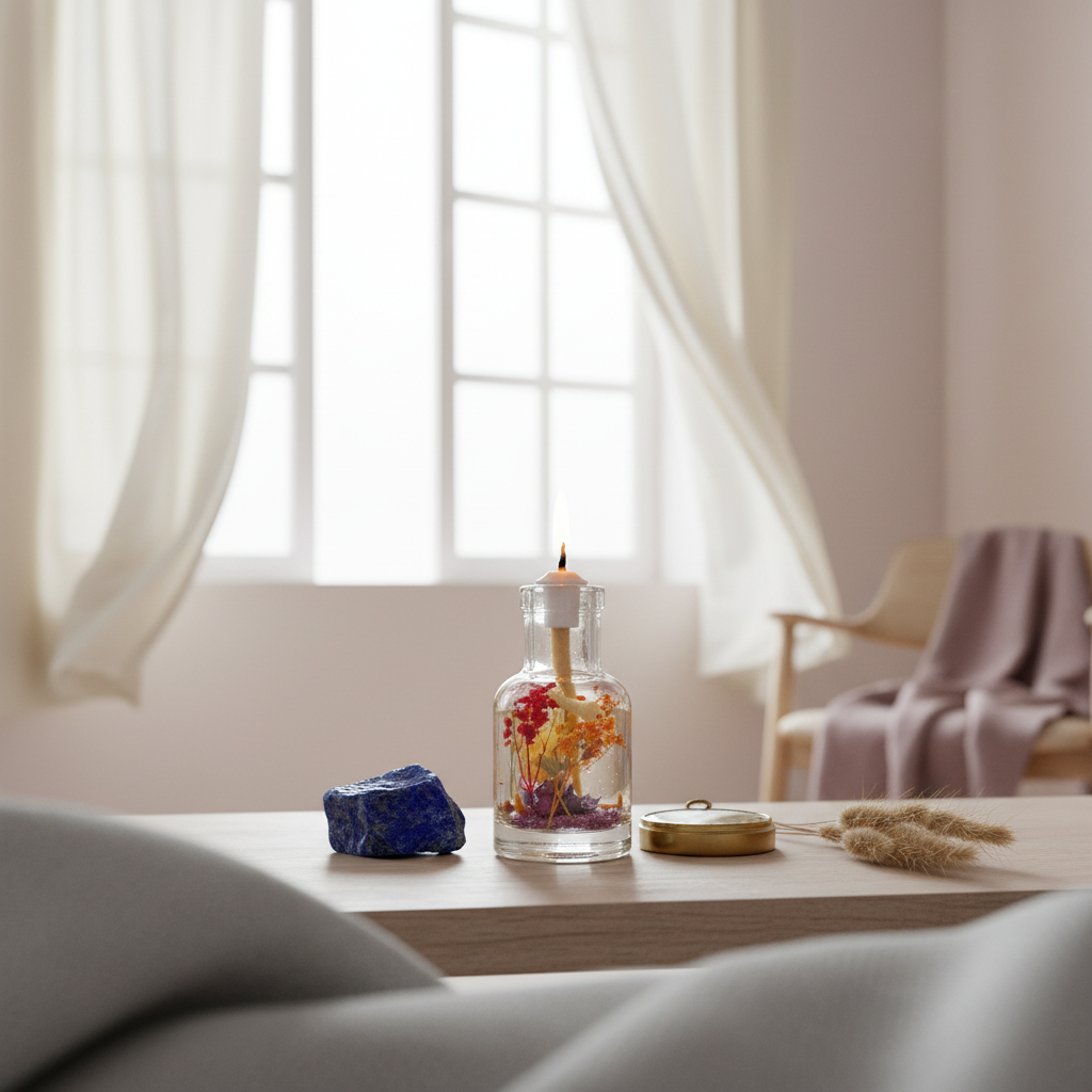 A Sagittarius zodiac oil candle with warm orange botanicals in a clear glass vessel is placed on a wooden table near a softly lit window with draped curtains and natural elements in a calm living space. — for Carpe Diem Dream
