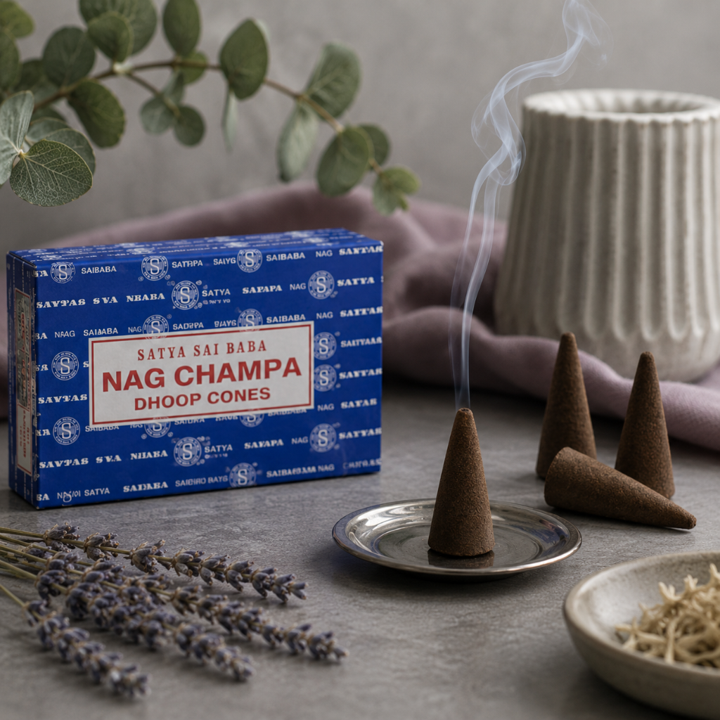 Satya Nag Champa Dhoop Cones with several loose cones and one burning cone on a small disc burner, styled with lavender, eucalyptus, and mauve accents in a cool-toned editorial setting. — for Carpe Diem Dream