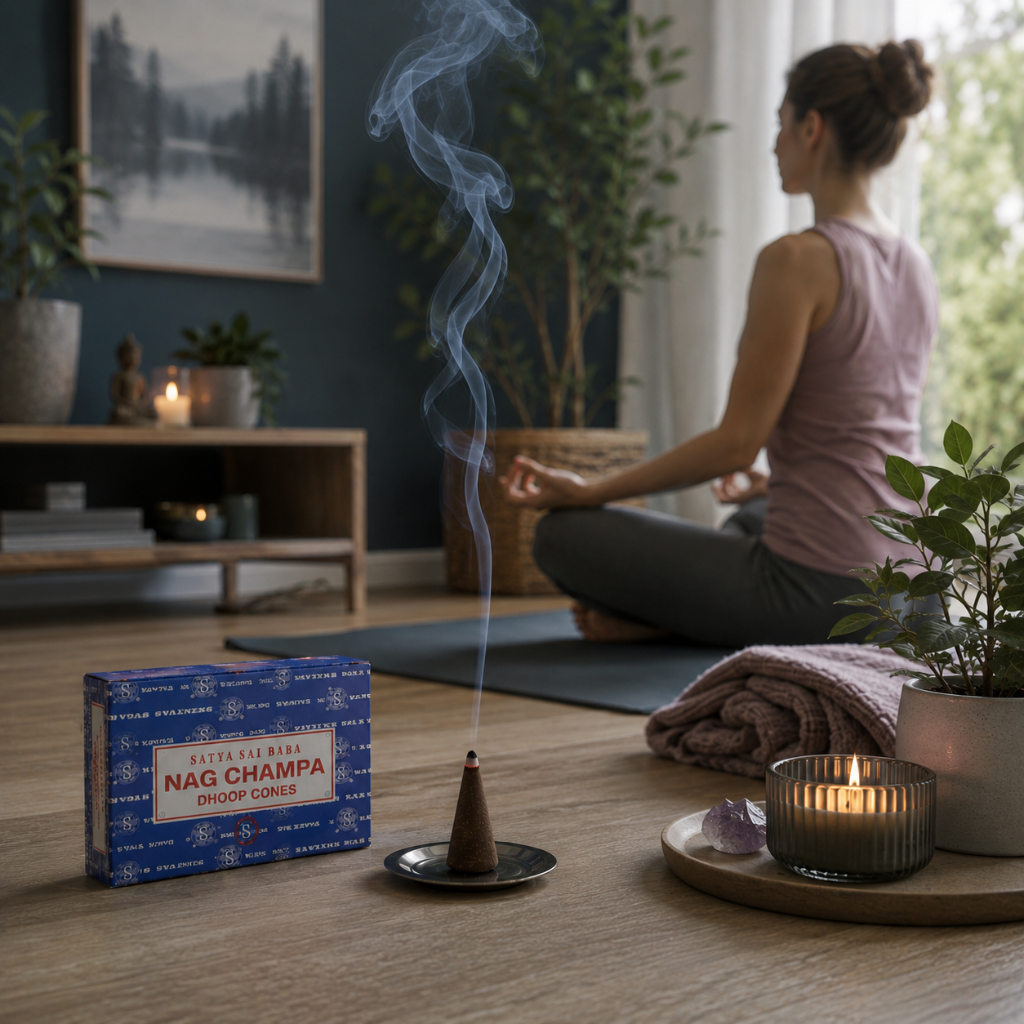 Satya Nag Champa Dhoop Cones with a burning cone on a small disc burner in a cool-toned home yoga space while a woman meditates nearby. — for Carpe Diem Dream