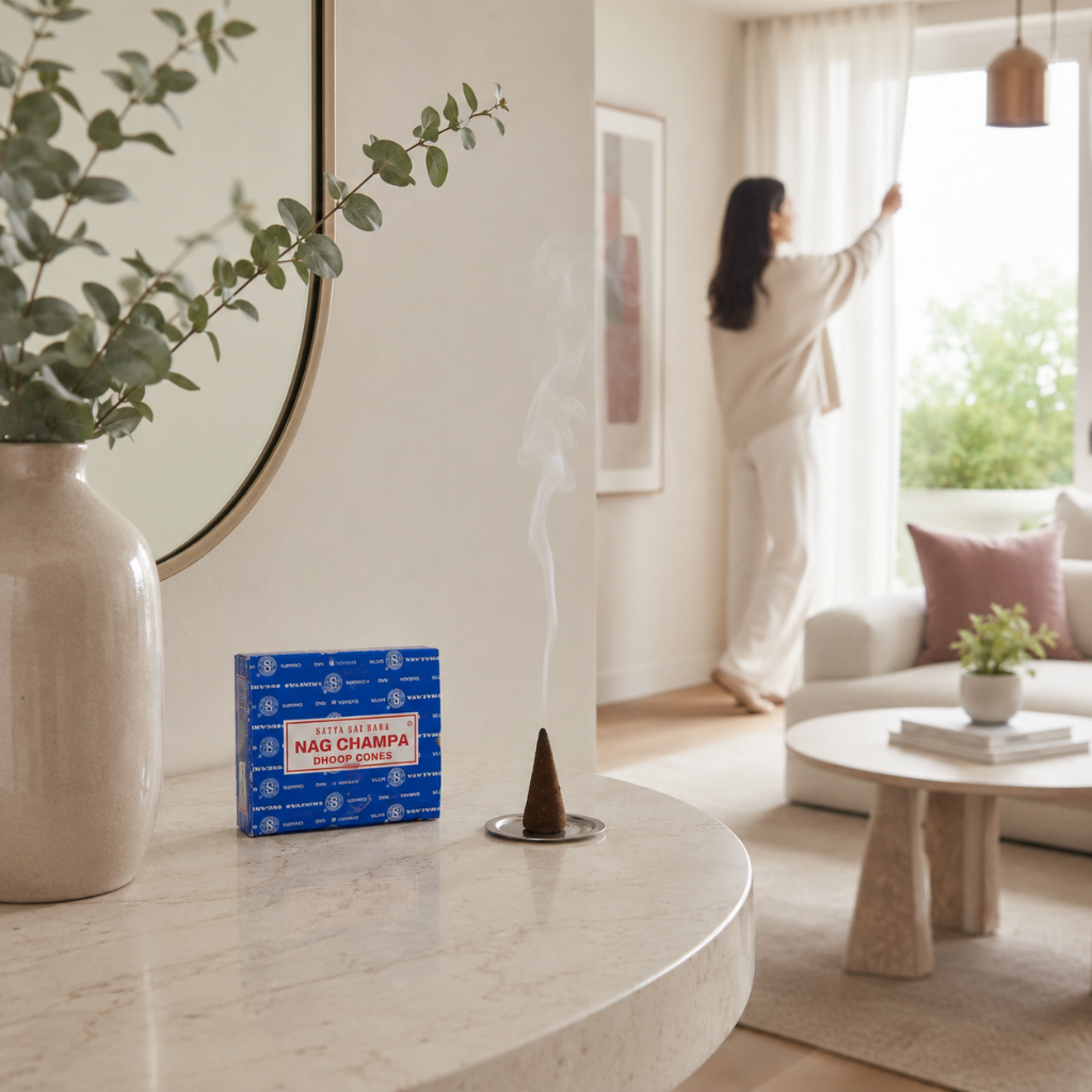 Satya Nag Champa Dhoop Cones with a smoking cone on a small disc burner in a bright, serene living room as a woman opens the curtains. — for Carpe Diem Dream
