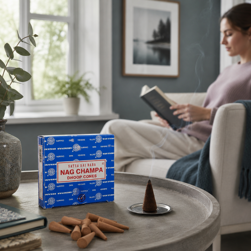 Satya Nag Champa Dhoop Cones with a burning cone on a small disc burner in a cool-toned living room while a woman reads nearby. — for Carpe Diem Dream
