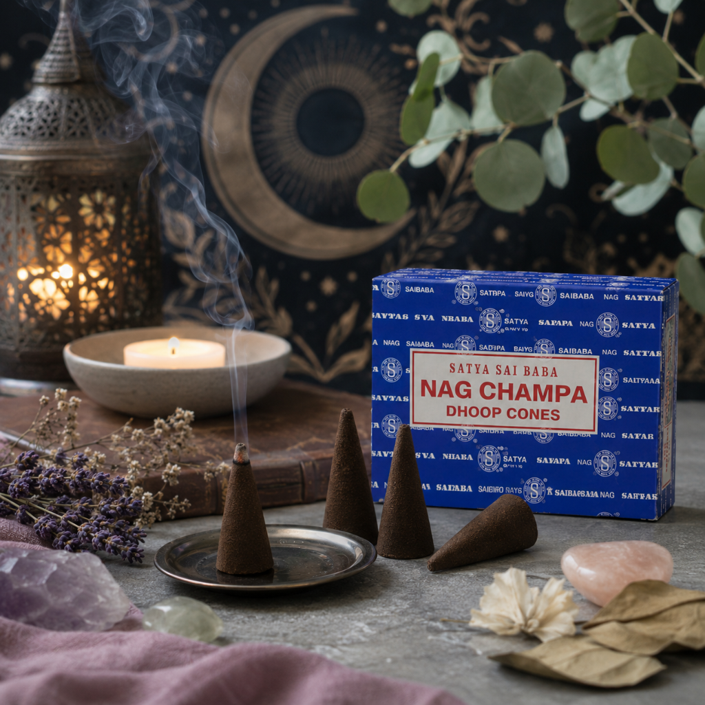 Satya Nag Champa Dhoop Cones with loose cones and a burning cone on a small disc burner in a cool-toned ritual setting with candles, crystals, botanicals, and celestial décor. — for Carpe Diem Dream