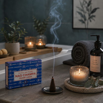 Satya Nag Champa Dhoop Cones with a burning cone on a small disc burner in a cool-toned spa retreat setting with candles, eucalyptus, and folded towels. — for Carpe Diem Dream